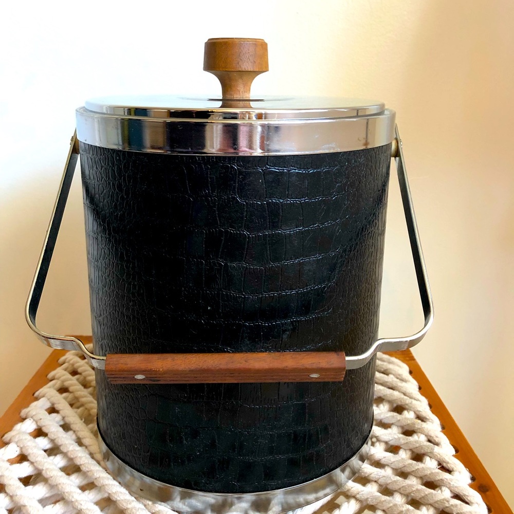 Vintage 1970’s Mid Century Modern Faux Black Alligator Skin Ice Bucket